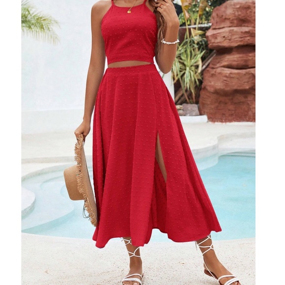 Boho Swiss Dot halter Crop Top High Waisted Maxi Skirt - Picture 1 of 9